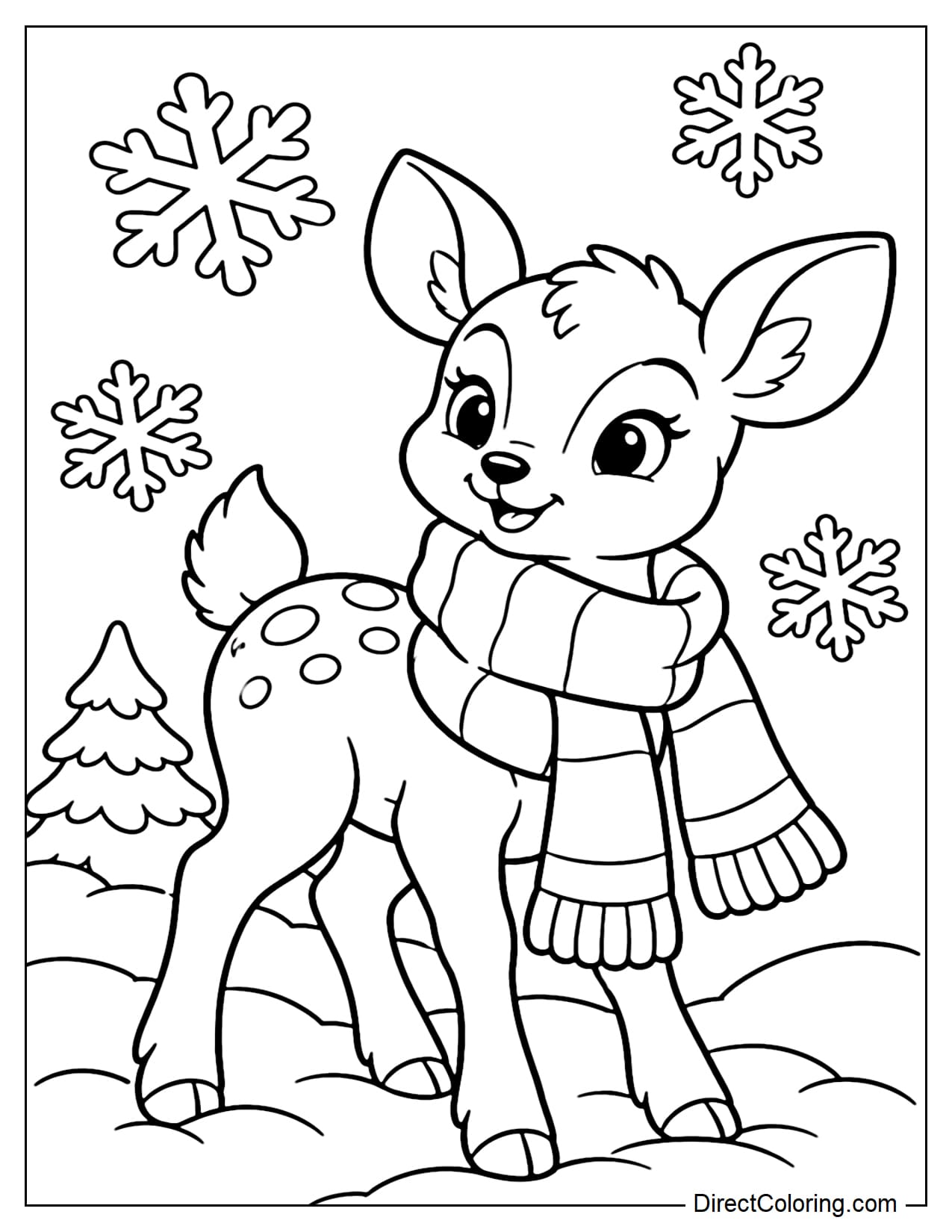 A chubby young deer wearing a large, soft knitted scarf and standing in the snow, with a few large snowflakes falling and a small pine tree behind it.