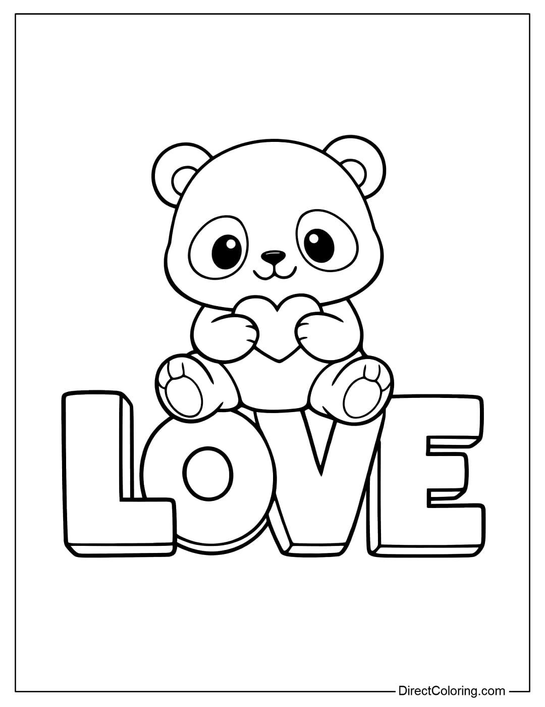 A coloring page featuring a cute panda hugging a small heart, sitting on the word 