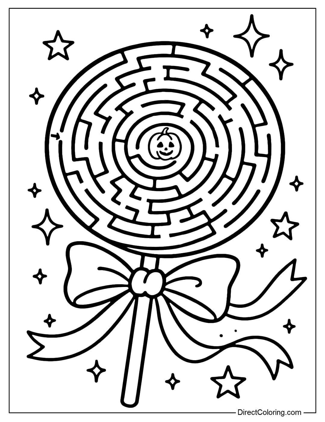 The maze coloring page is located in a large swirling candy, the entrance is at the left edge of the candy, ending at the center of the swirl, where there is a small pumpkin candy.