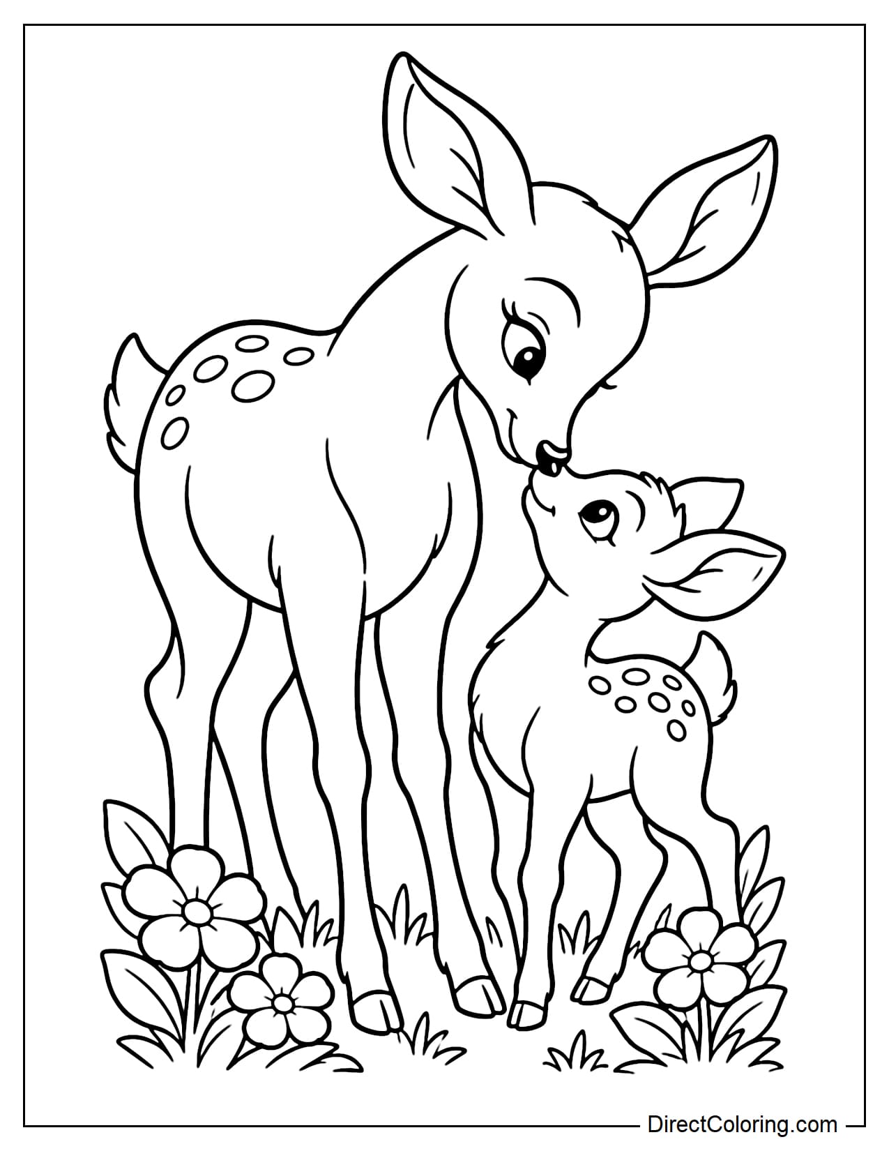 A mother deer bending down to gently touch noses with her fawn, with a few large flowers and low tufts of grass beneath them.