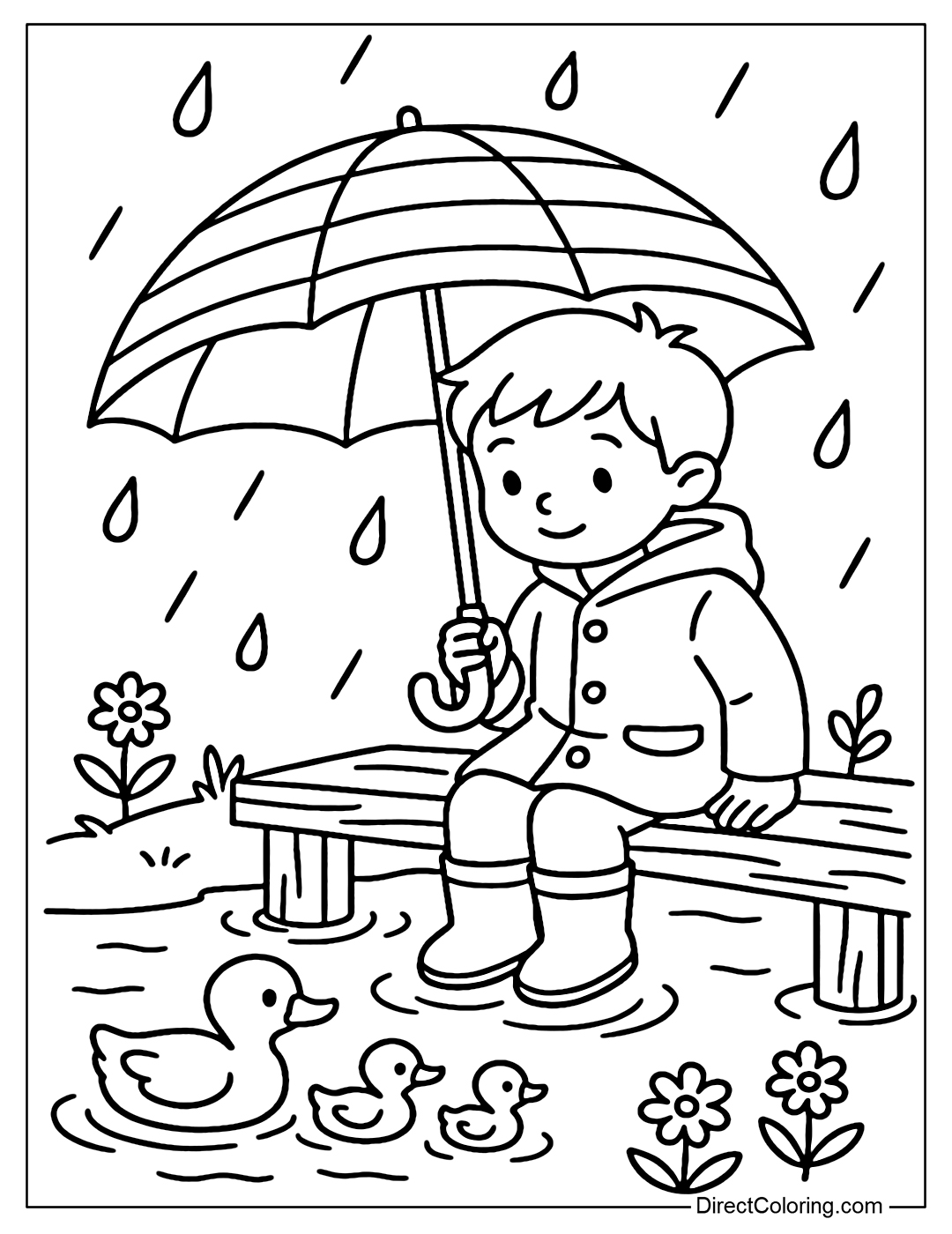 Coloring page of a boy sitting on a wooden bridge, holding an umbrella for ducklings swimming in the rain, with trees and water waves in the background.