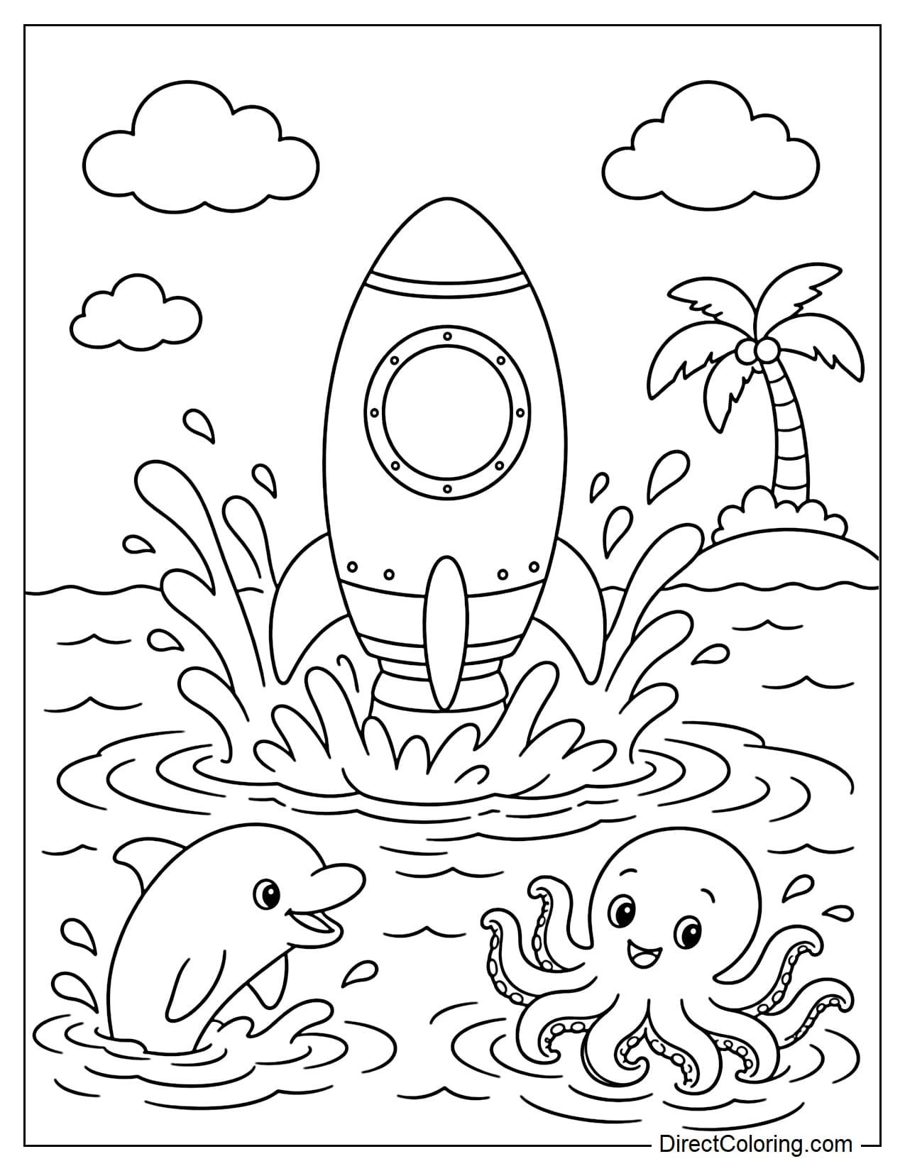 A small rocket landing on the ocean surface with its body remaining above the water, while a cute dolphin and octopus rise nearby, with a tiny island and a palm tree in the distance.