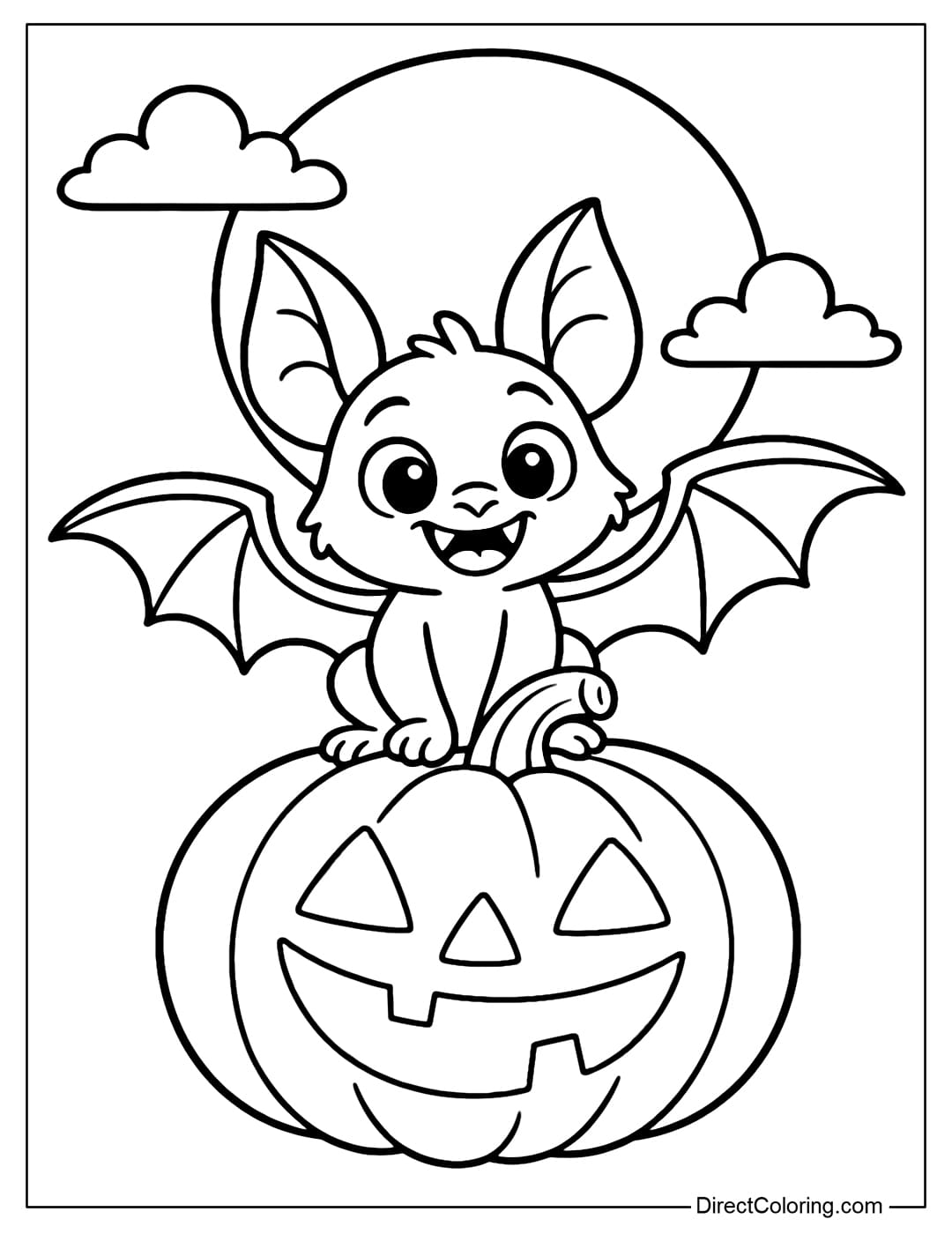 A coloring page of a bat sitting on a pumpkin with a smiley face, behind it is a full moon and some clouds.