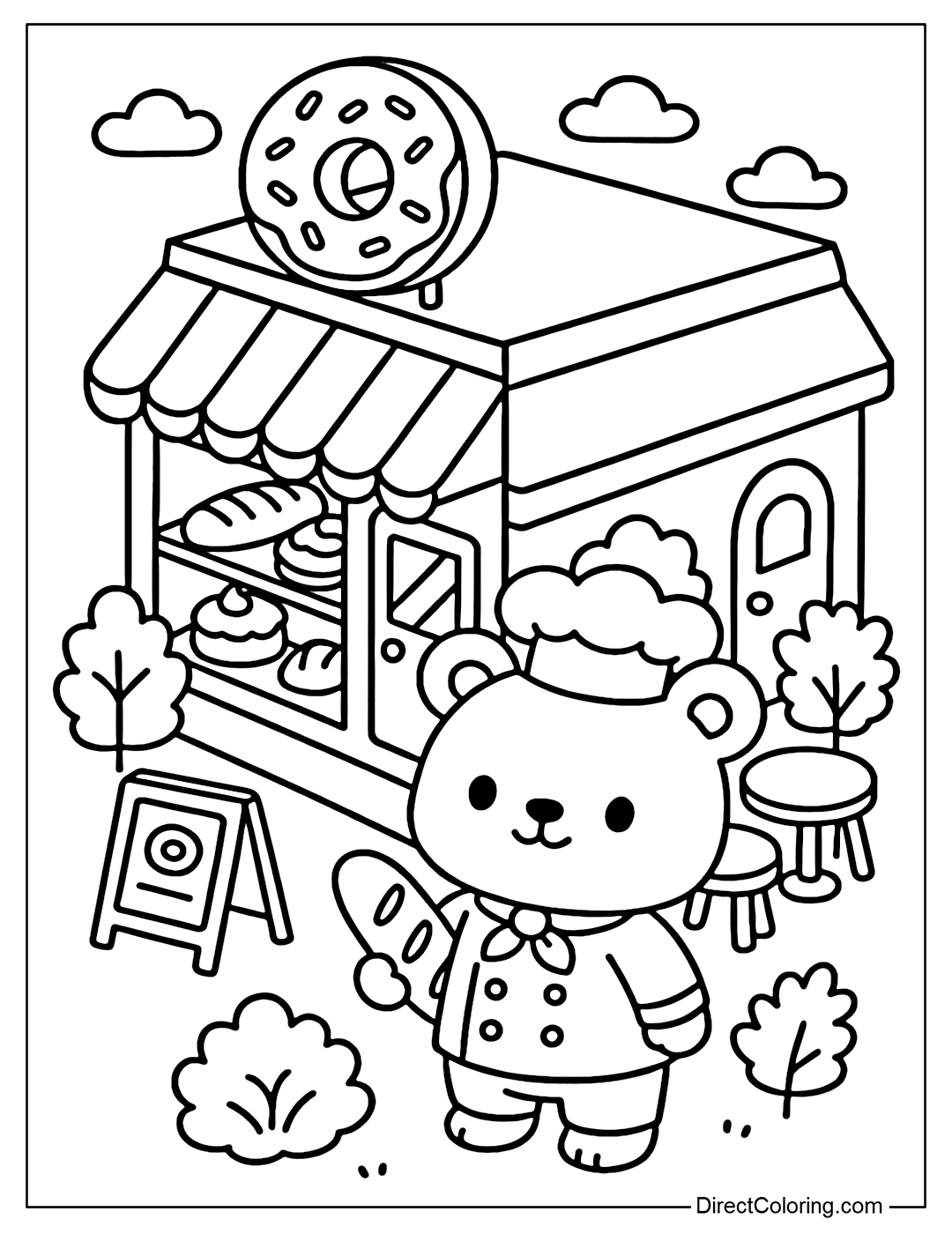 Bear Chef coloring page standing in front of a cute little isometric bakery, complete with bread, cakes, cute donut signs, trees and outdoor tables and chairs.