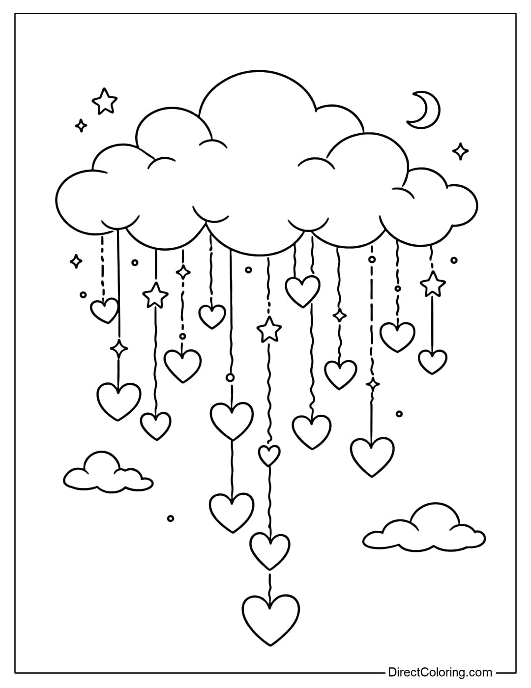 A coloring page of soft clouds descending upon hearts, dreamy and gentle.