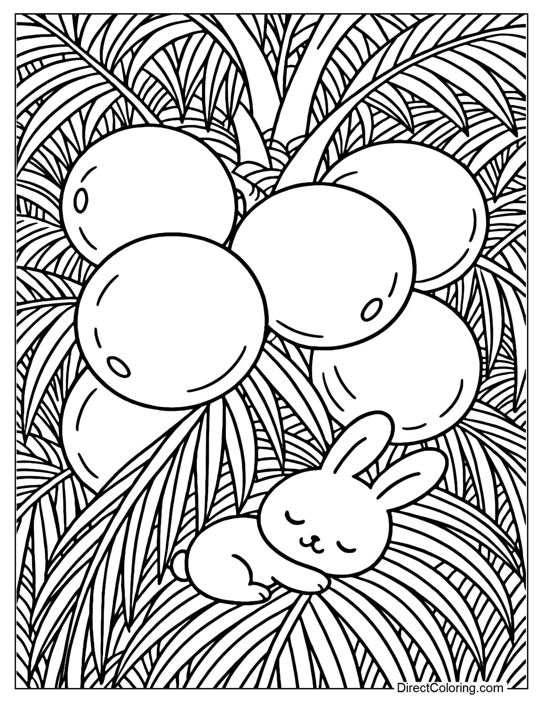 A giant coconut garden coloring page, a large round coconut is crowded, long leaves are shady. A tiny rabbit is sleeping soundly on a coconut leaf.