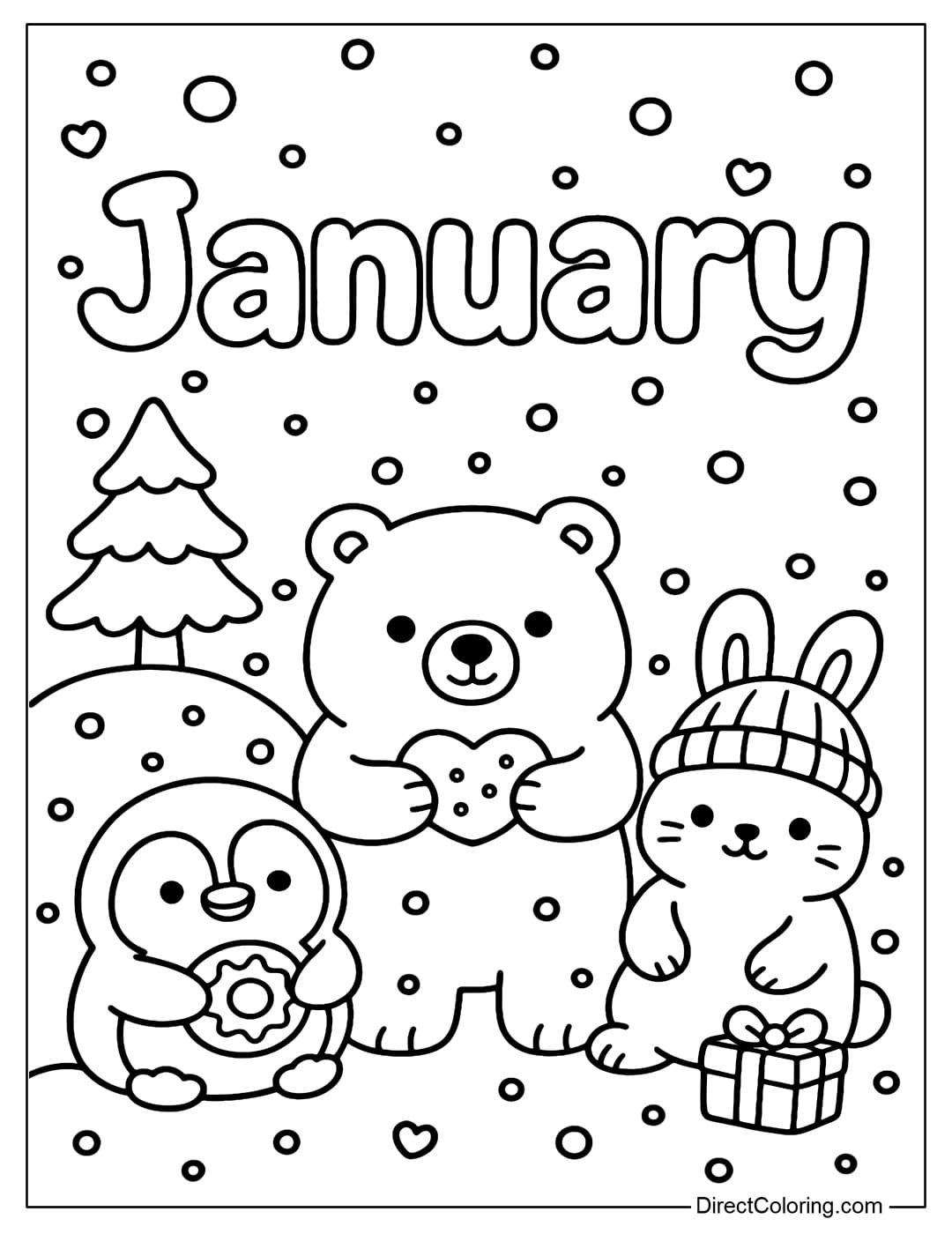 A coloring page with the word January in the upper corner, with kittens, puppies, and little foxes wearing puffer jackets and boots below.