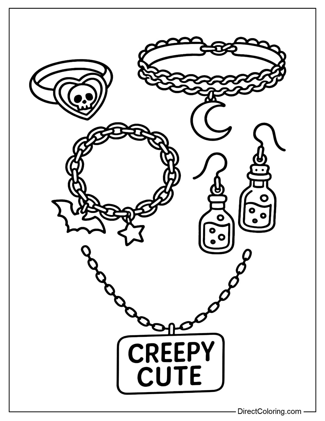 Modern Halloween jewelry set coloring page featuring rings, chain bracelets, choker necklaces, earrings, and necklaces.