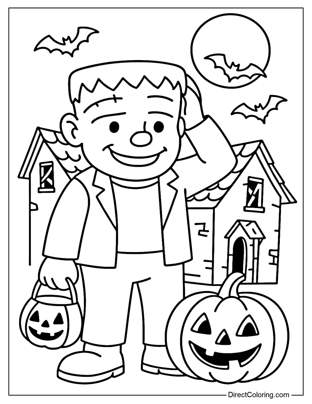 The Frankenstein coloring page stands in front of an old haunted house, the windows are broken, the tiled roof is tilted.