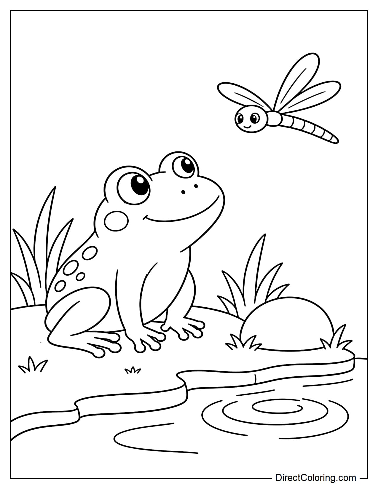 A frog is looking up at a dragonfly flying in front of it, sitting slightly on the edge of a pond, surrounded by some grass, a round stone, and ripples of water.