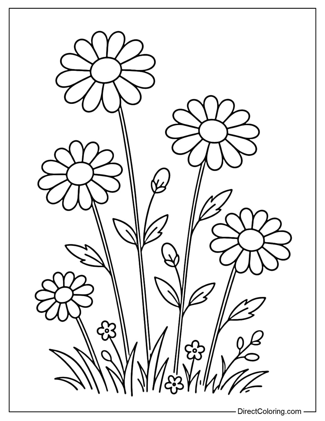 A coloring page of a simple wildflower with small, evenly rounded petals around a round center and a slender stem.