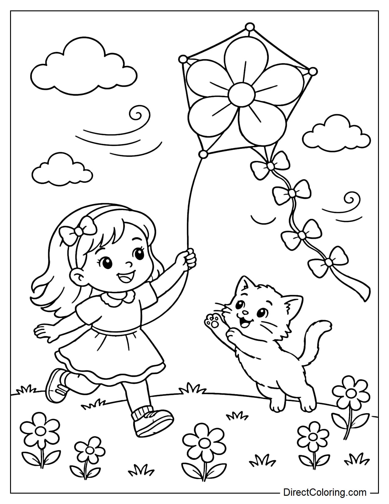 A little girl is flying a large flower-shaped kite in the sky. Beside her, a cute kitten is jumping up and playing with the kite's tail, which has big bows.