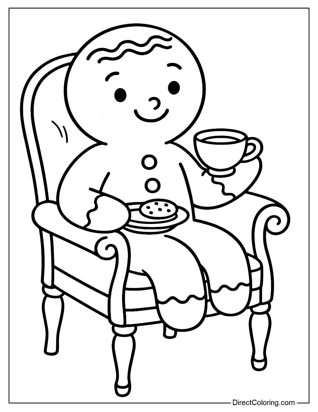 A gingerbread man sitting drinking tea with a cup and small cookies.