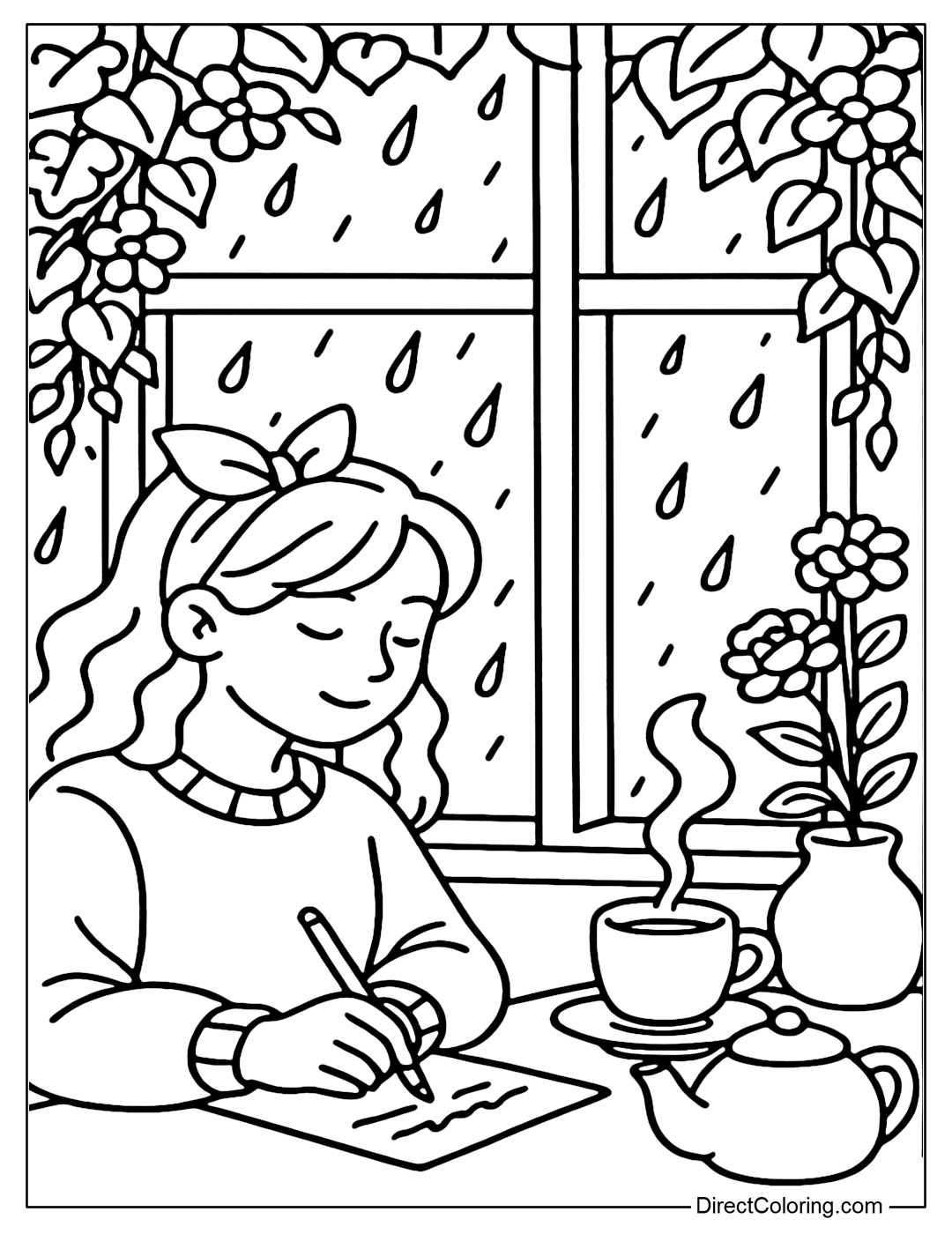 A coloring page of a girl writing a letter by a glass window with rain falling, a steaming cup of tea and a trellis of blooming flowers outside.