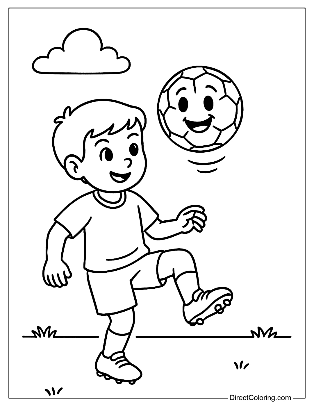 Coloring page of the child practicing juggling the ball - the ball flies in the air, with expressions.