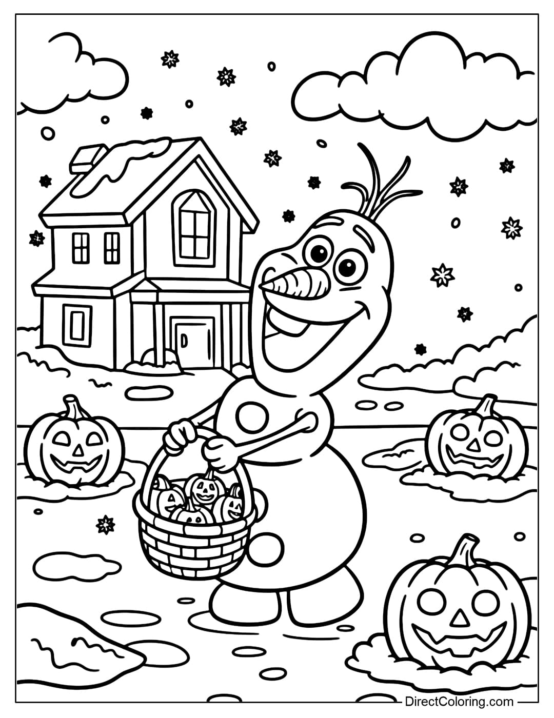 Coloring page of Olaf smiling and sitting on a pumpkin with a carved face, with the white text on the top in black outline Trick or Treat.