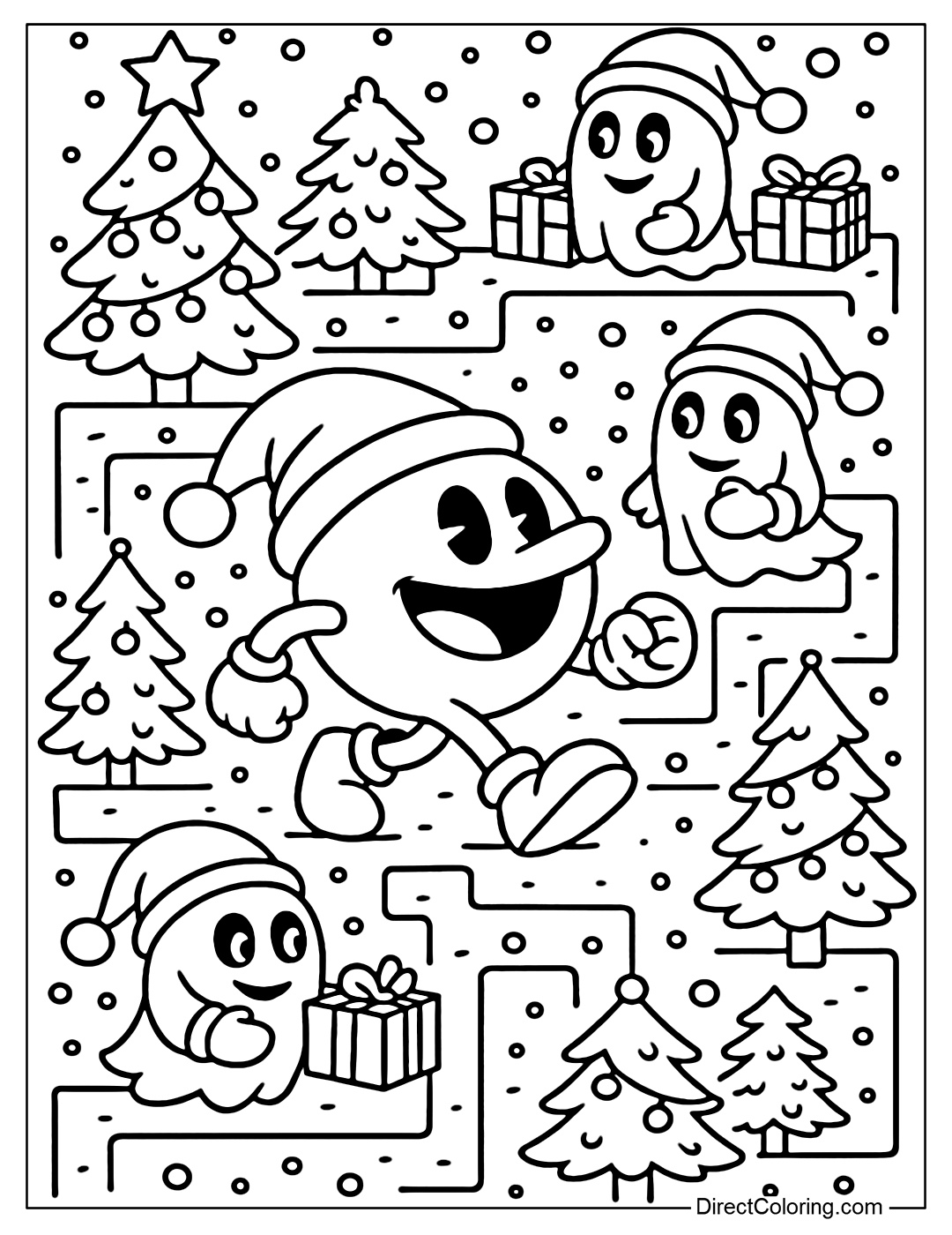 Coloring page of Pac-Man wearing a Santa Claus hat, moving in a maze decorated with pine trees, sparkling lights, ghosts wearing red capes and carrying gifts, the background is light snow.