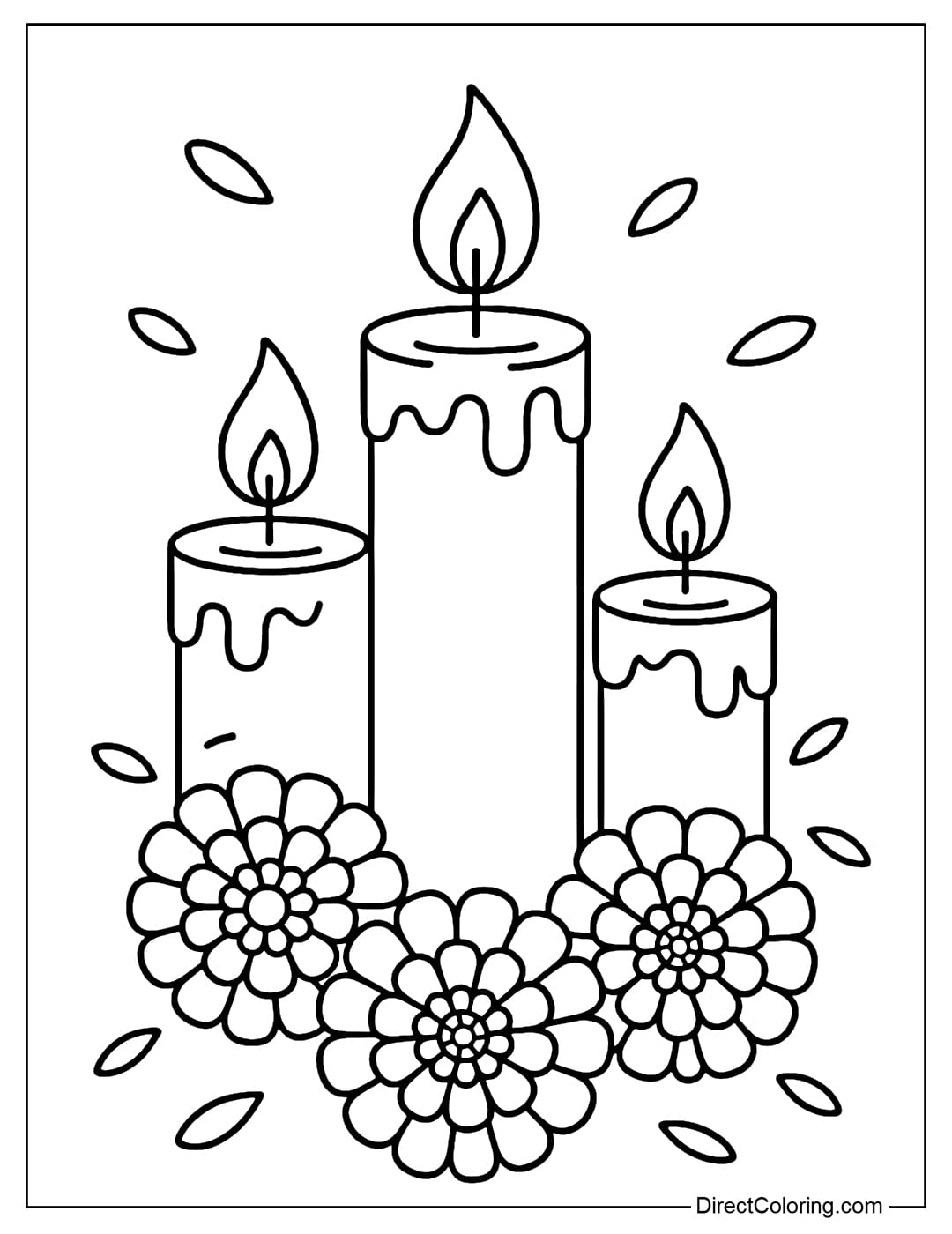 Three lit candles, surrounded by marigolds and a few petals falling lightly.