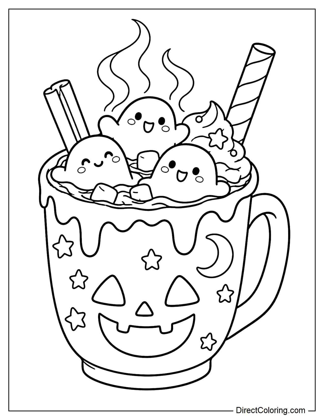 A mug of hot cocoa topped with soft cream and three small marshmallow ghosts floating on top. A large striped straw and a cinnamon stick lean gently inside the mug.