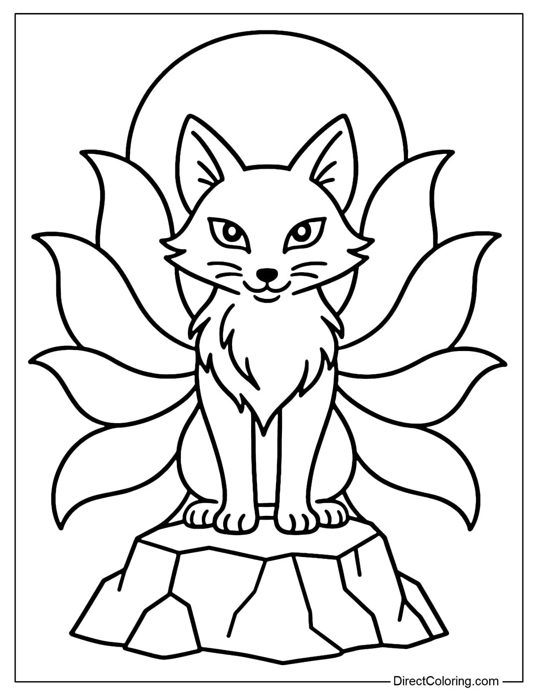 A mythical fox coloring page with nine tails spread out like flowers, mysterious bright eyes, standing on a rock, with a full moon in the background.