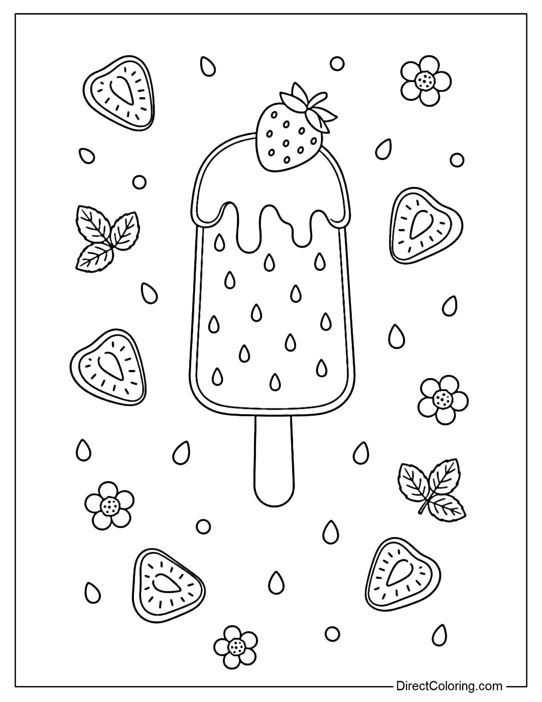 Coloring page of a simple strawberry popsicle with small droplet details and a strawberry slice on the outside.
