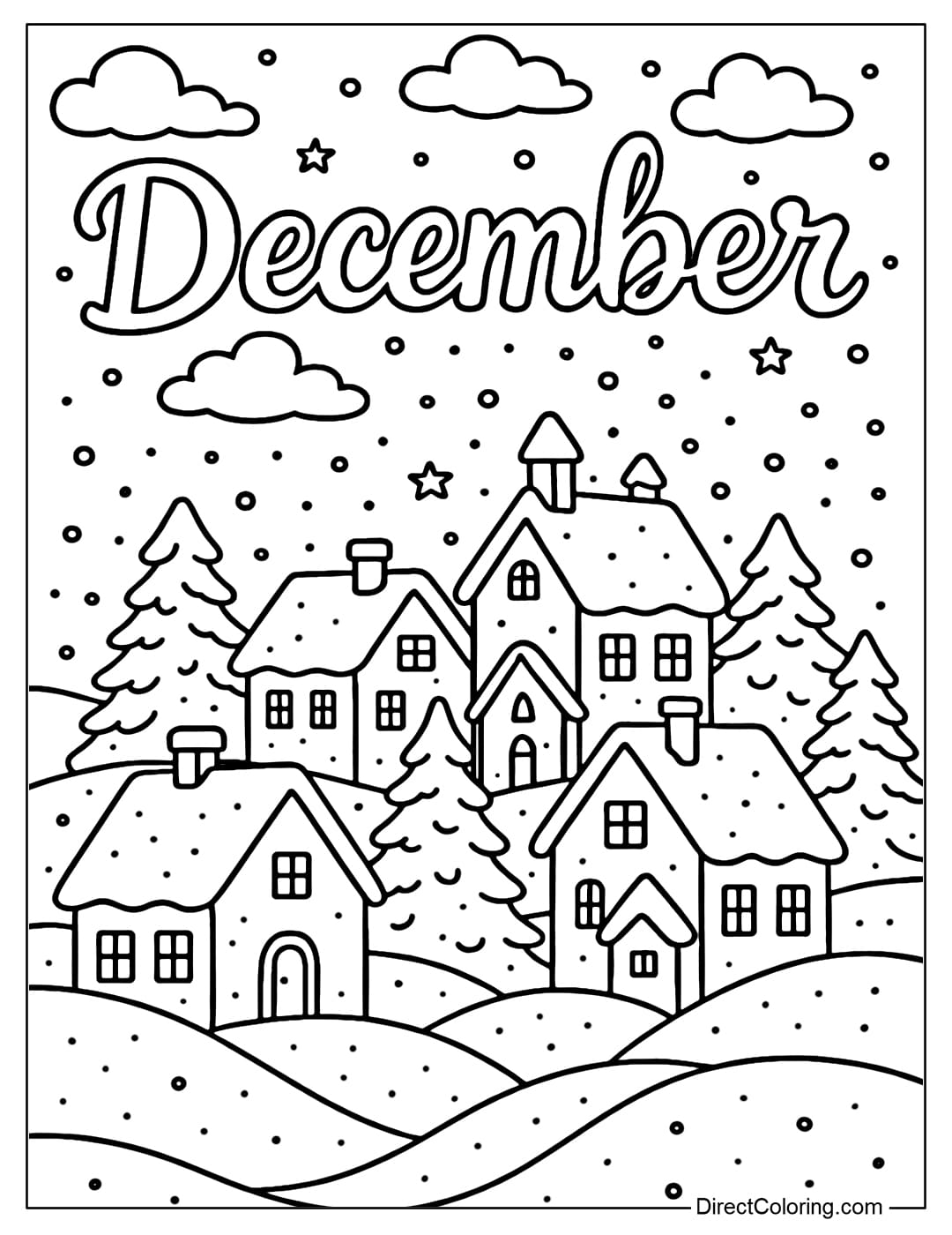 A coloring page of a village covered in white snow, the word December is large in the night sky.