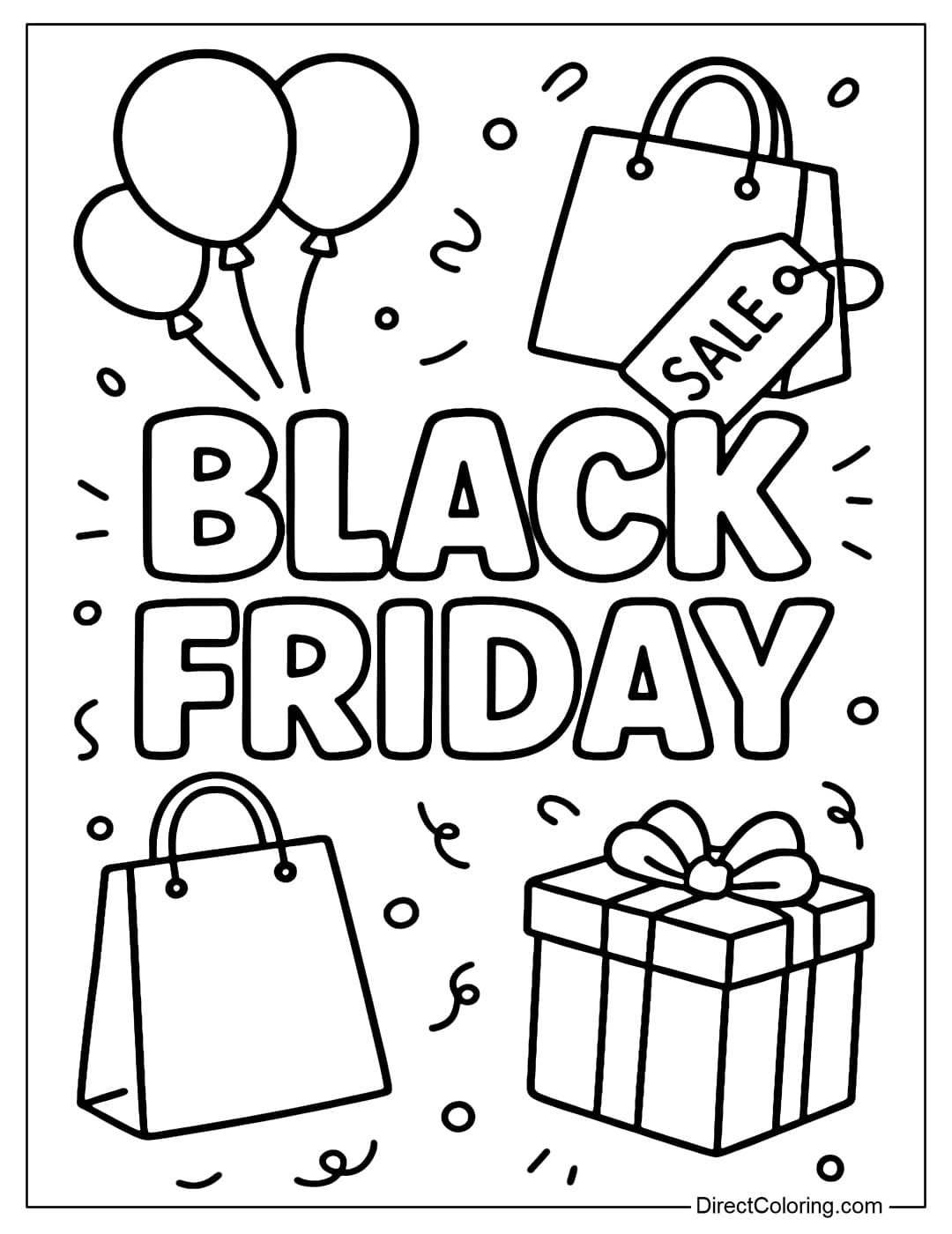 BLACK FRIDAY Letter Coloring Page surrounded by shopping bags, gift boxes, balloons, and discount tags.