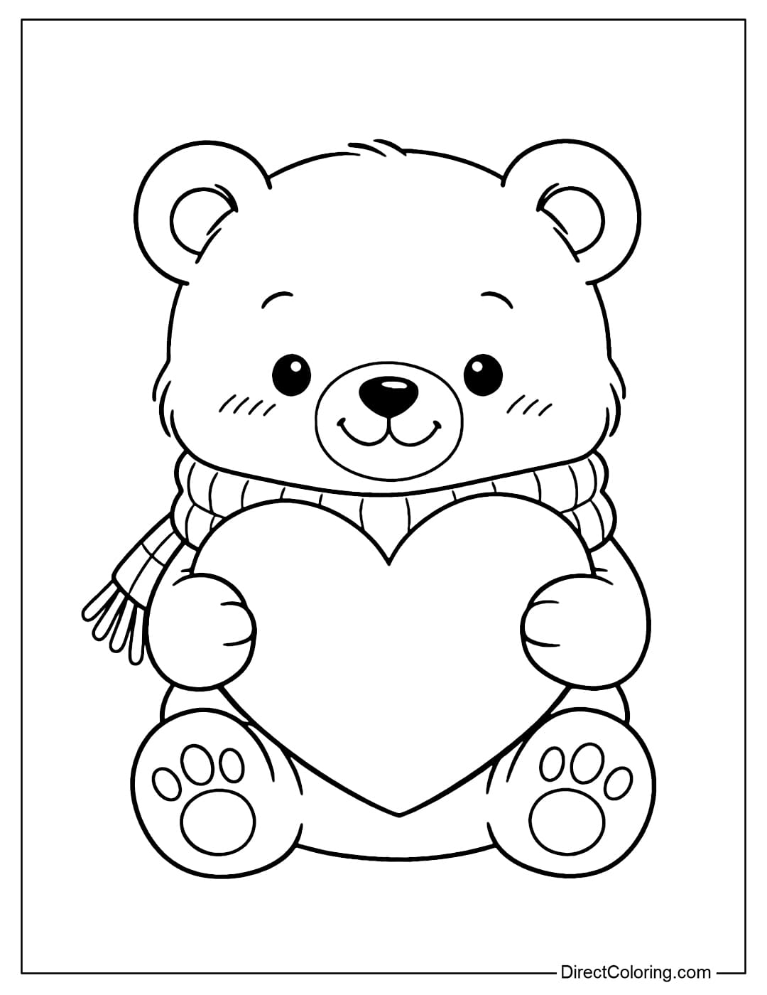 A coloring page featuring a cute little bear wearing a woolen scarf, holding a large heart in its arms, and smiling warmly.