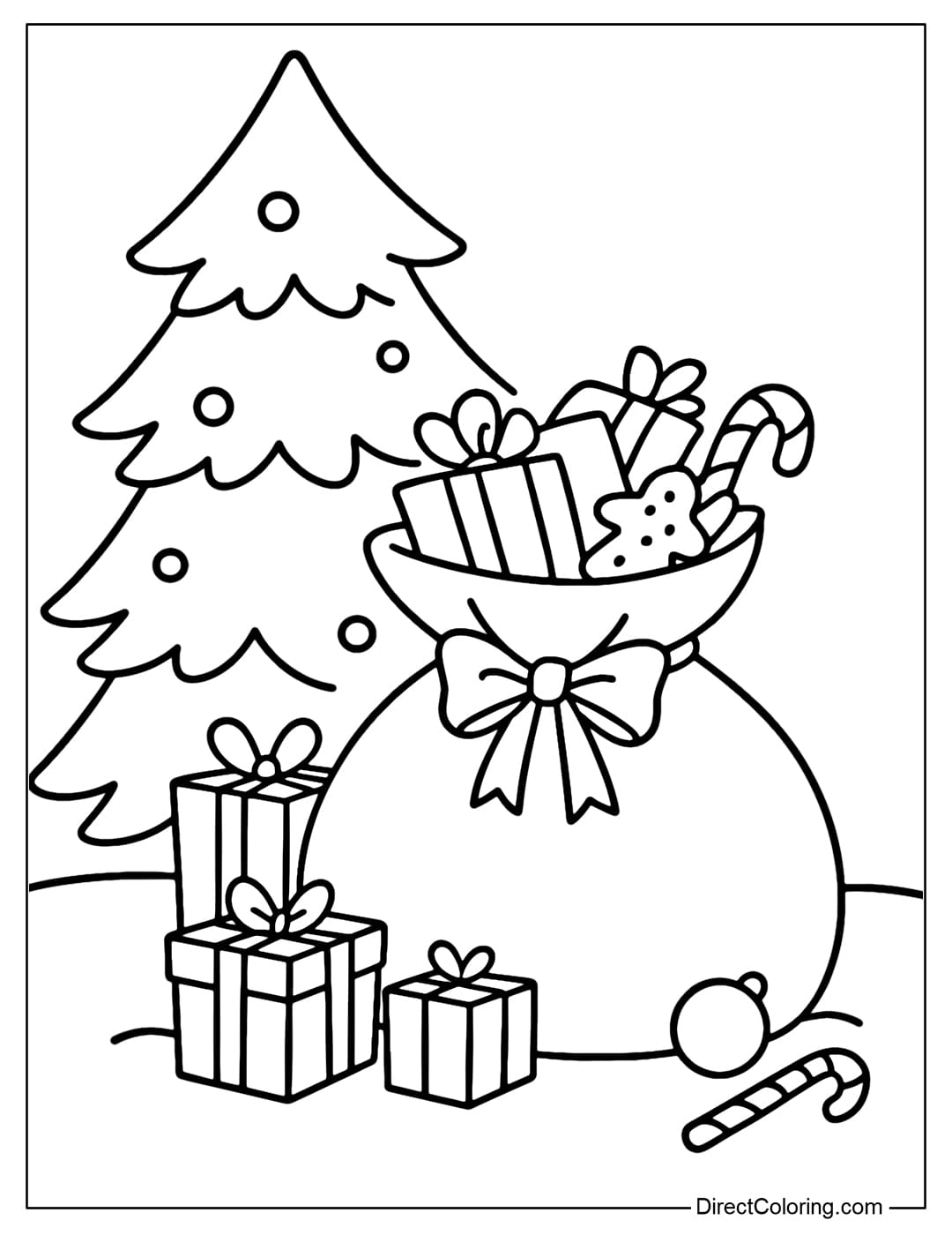 A large gift bag coloring page placed under the Christmas tree, with a bow at the mouth, and a few gift boxes, balls, and candy canes.