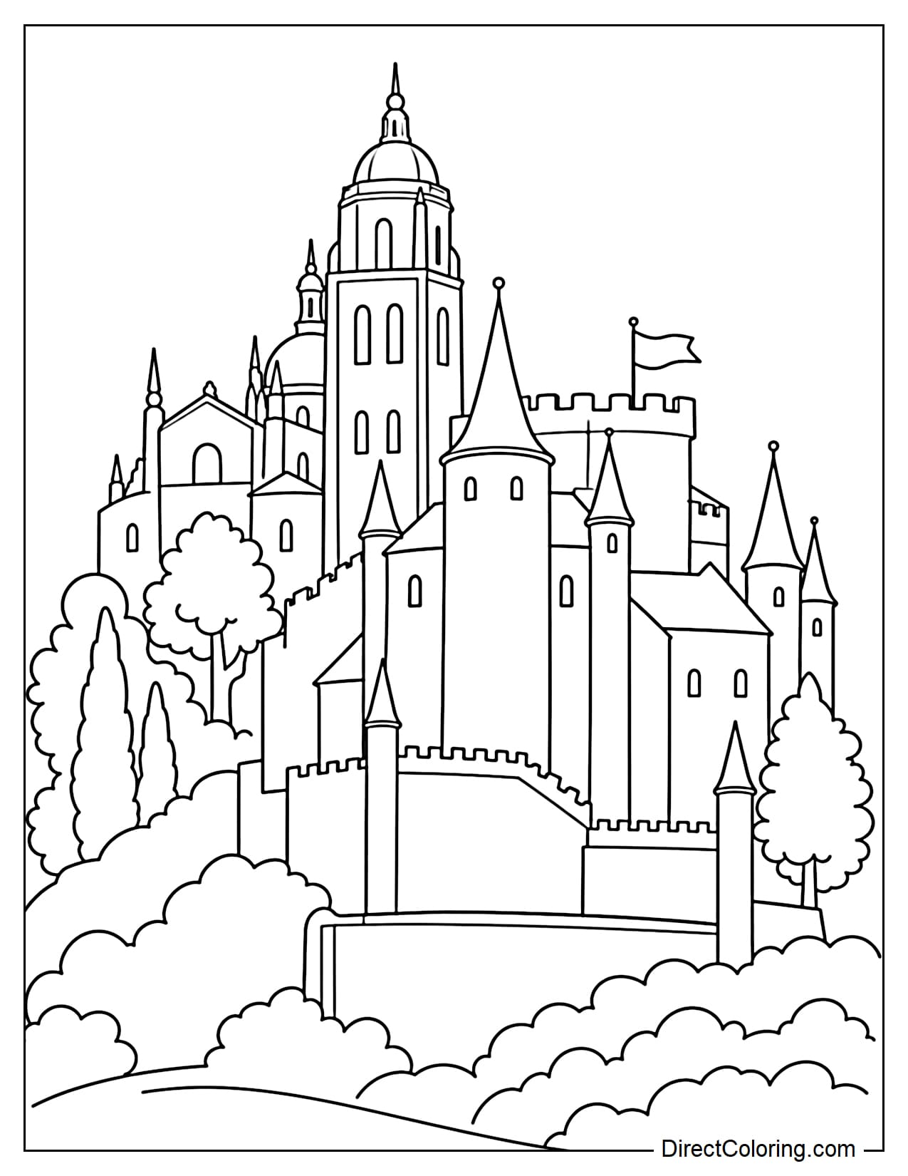 A Spanish castle on a hill, with a large gate, tall towers and a few small flags, surrounded by clouds and shrubs.