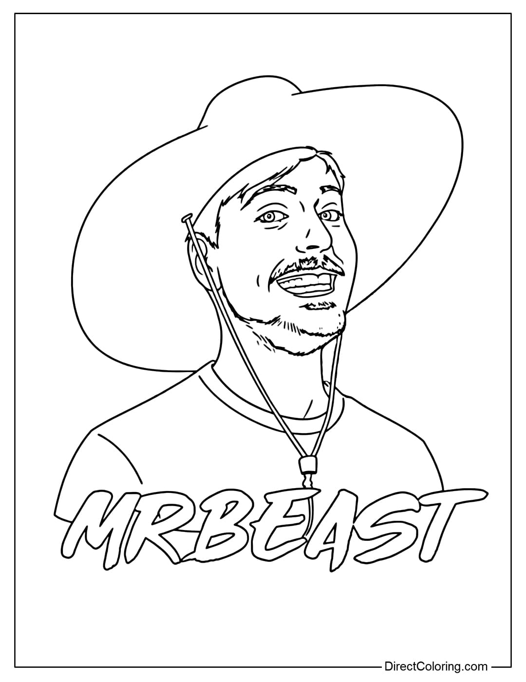 A coloring page of Mr. Beast smiling, wearing a wide-brimmed hat with a chin strap, and the words 