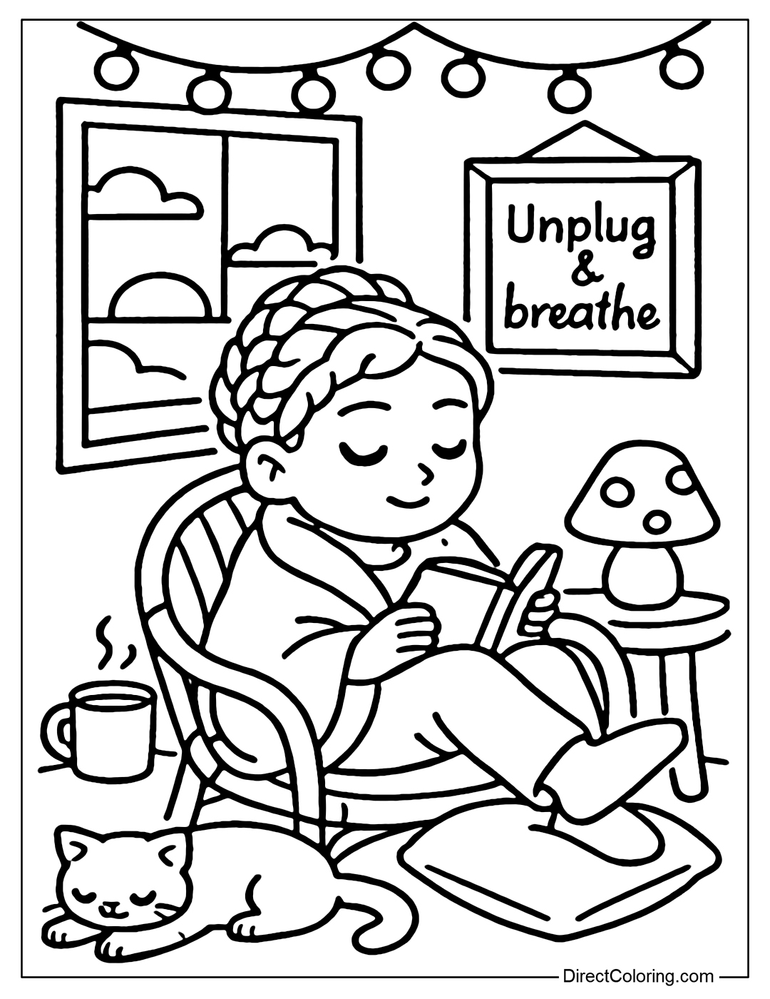 Coloring page of a girl with a blanket wrapped around her shoulders, sitting on a wicker chair by a sunset window. She holds a book in her hand, her feet are propped up on a pillow, and a glass of hot milk is placed next to her.