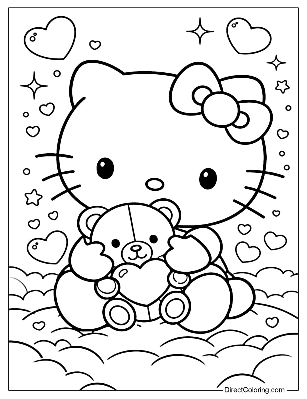 A coloring page of Hello Kitty holding a small teddy bear with a heart.