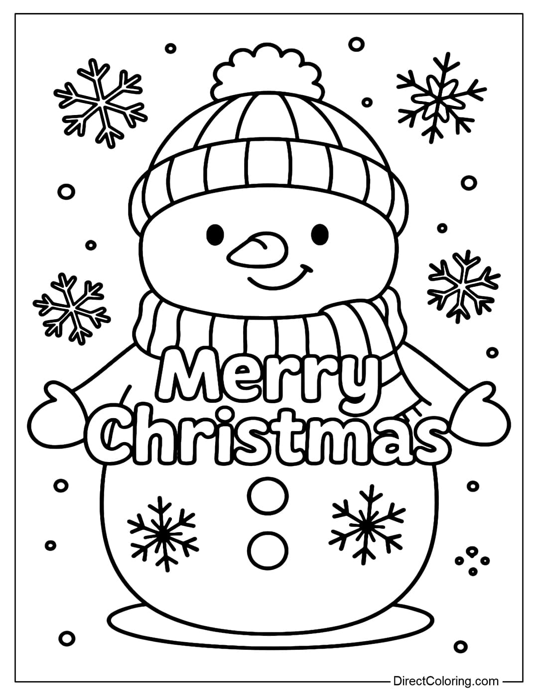 Merry Christmas coloring page wearing a woolen hat and scarf, arms outstretched holding the words Merry Christmas.