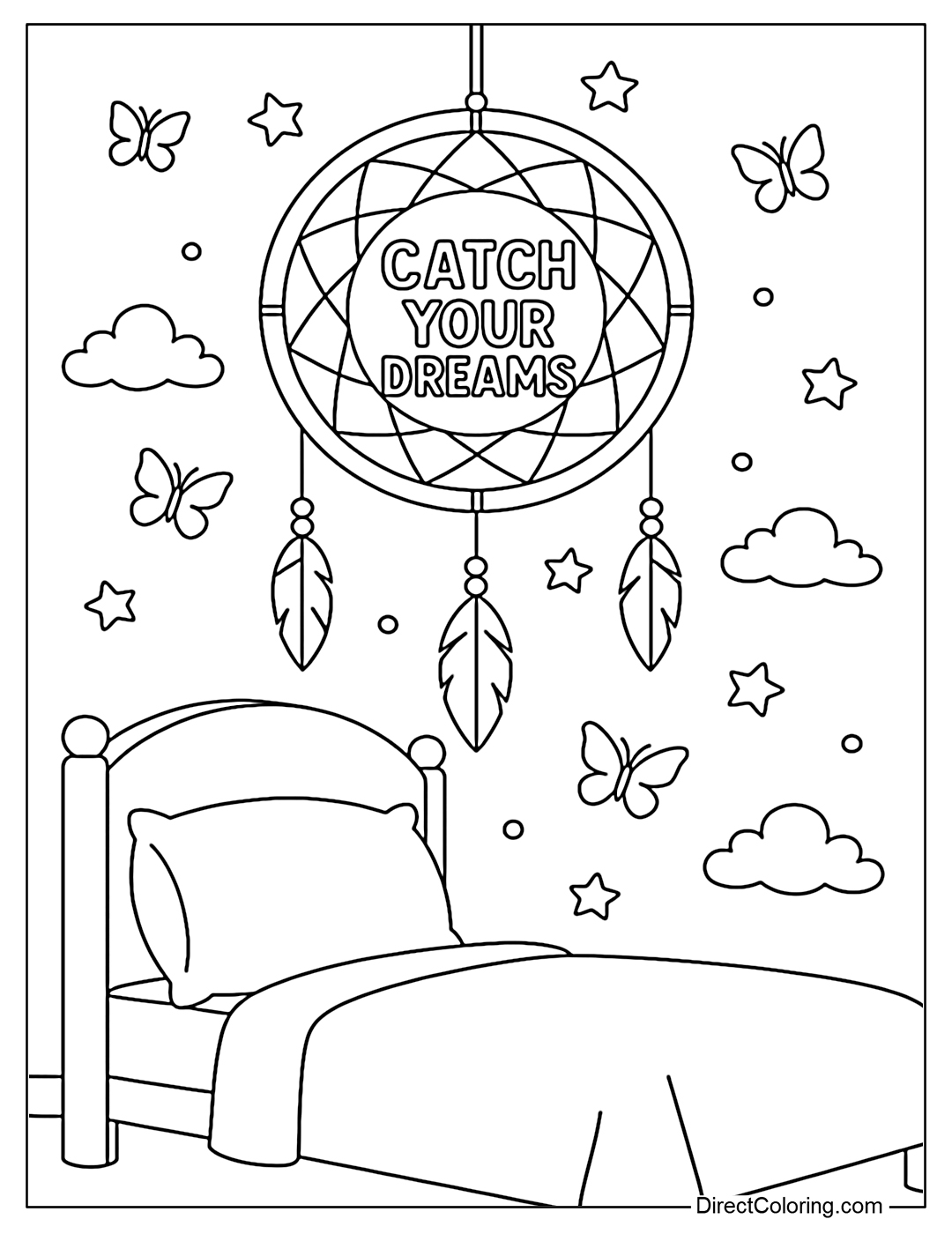 Dream catcher coloring page hanging at the head of the bed, beautiful dreams fly out like butterflies, in the middle of the circle is the word 