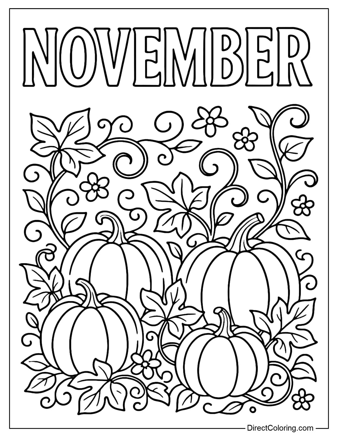 A pumpkin garden coloring page with many round pumpkins and vine leaves curling around the bottom of the letter.