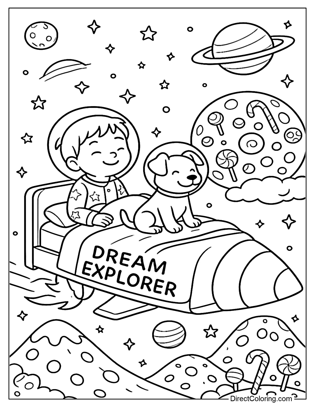 Coloring page of the bed turning into a spaceship, the baby and the pet fly through the candy planet. On the body of the ship is the word 