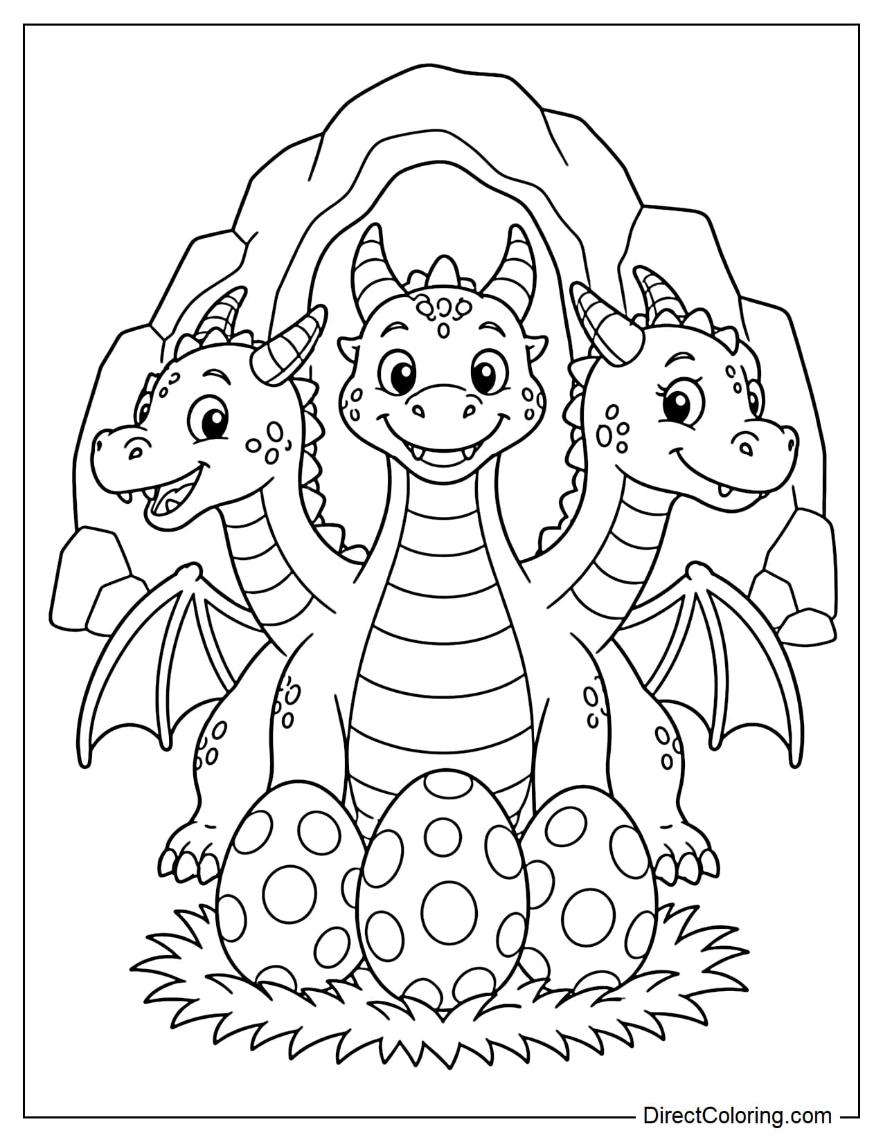A three-headed dragon is standing protectively over three large dragon eggs placed on the grass, with a few large rocks and a cave entrance behind it.