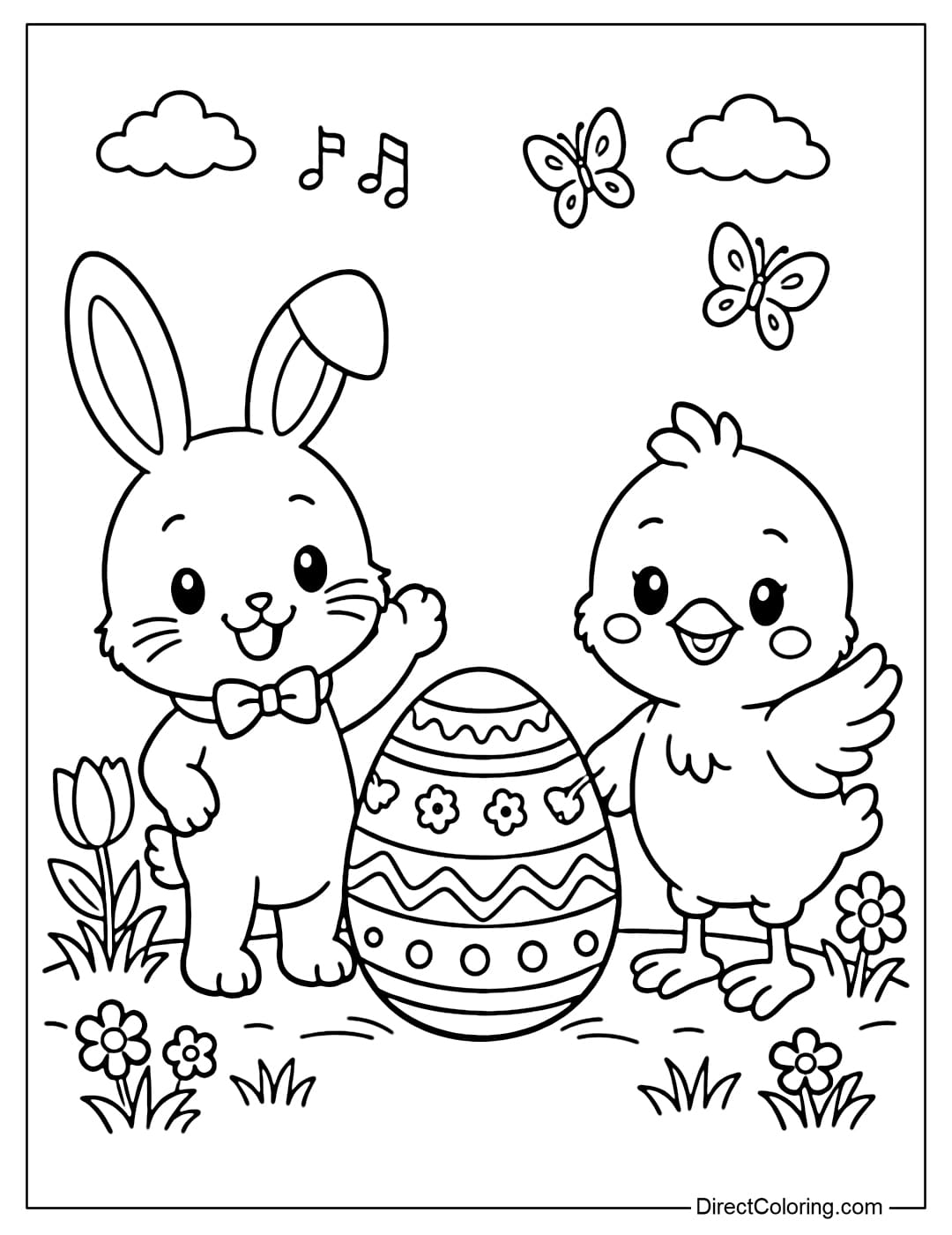 A bunny and chick standing together celebrating Easter with an egg in the middle.