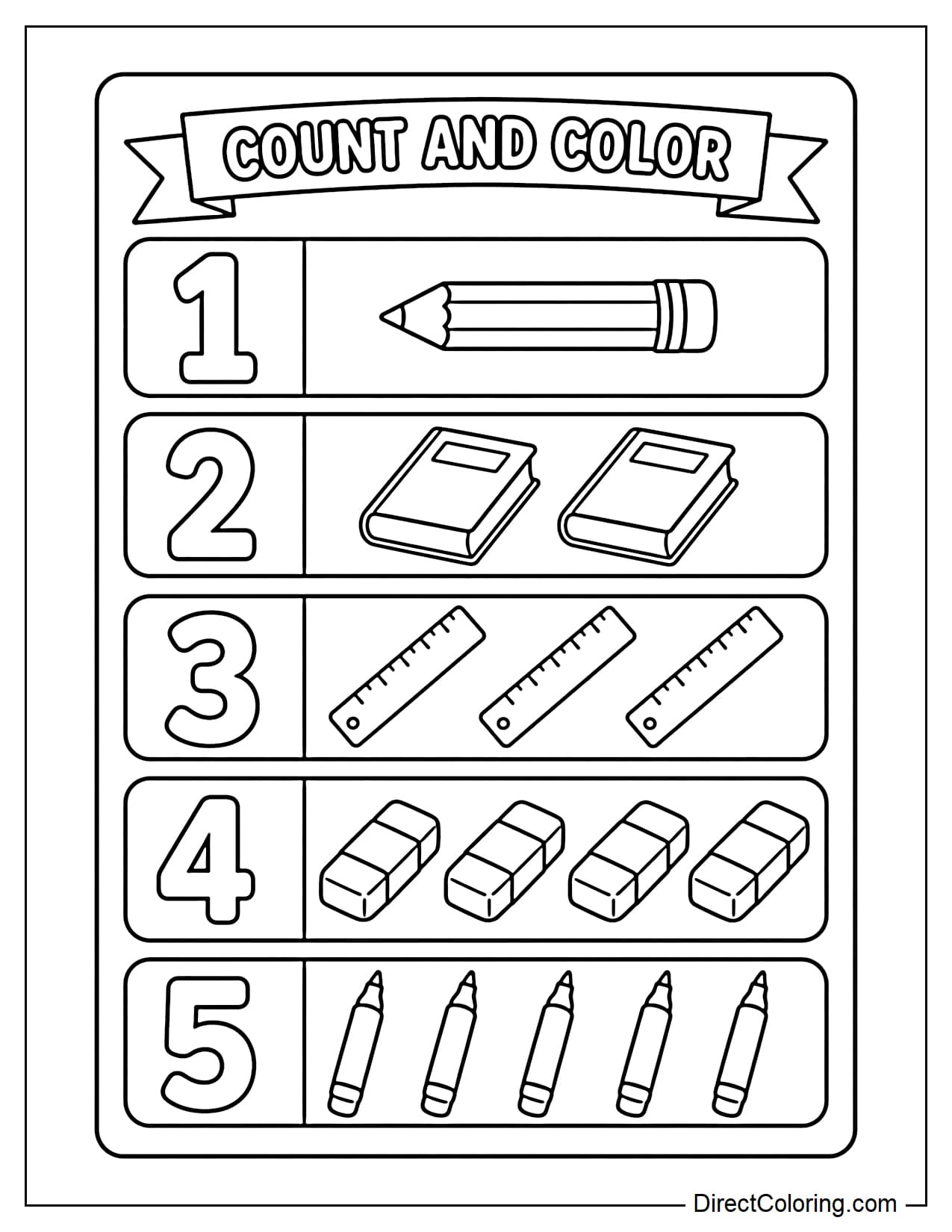Numbers from 1 to 5, each number accompanied by the corresponding number of school supplies such as pens, books, rulers, in a simple learning layout.