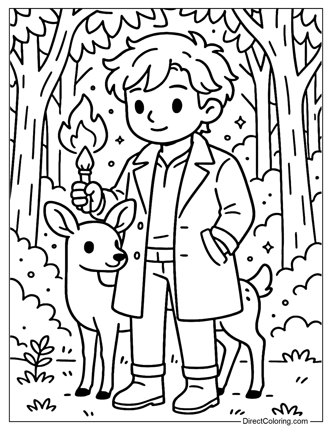 A coloring page of a boy holding a small torch, standing next to a gentle deer in the forest. The gentle light spreads, brightening up the quiet forest.