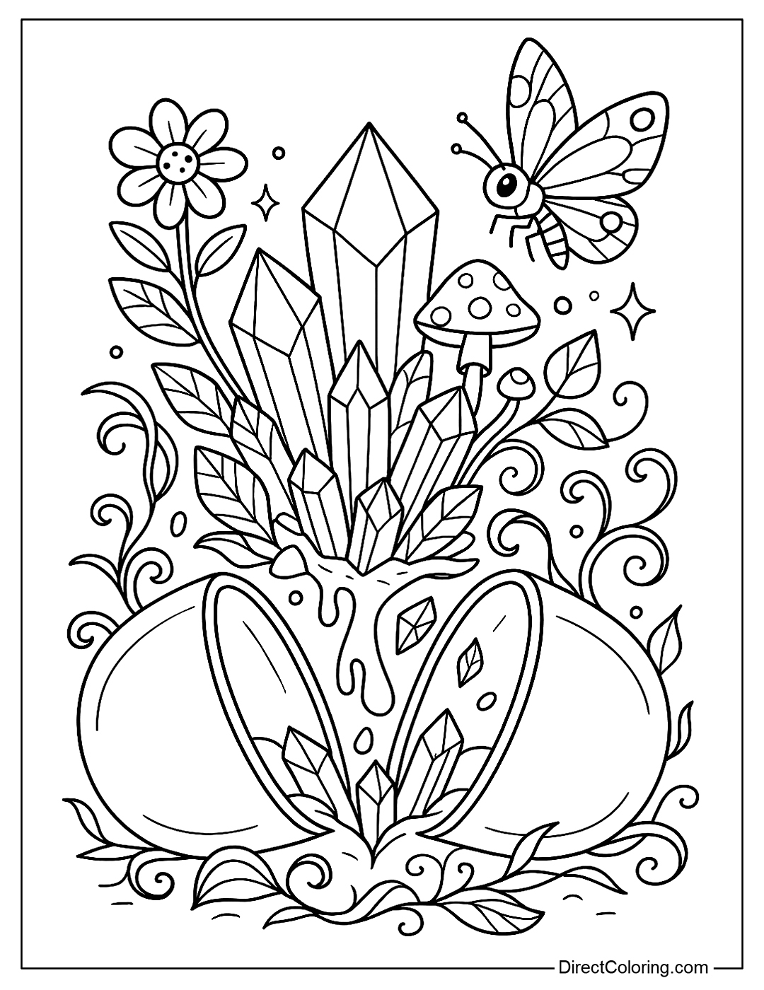 A cracked capsule coloring page, from inside grows a sparkling crystal garden with flowers, mushrooms and colorful crystals