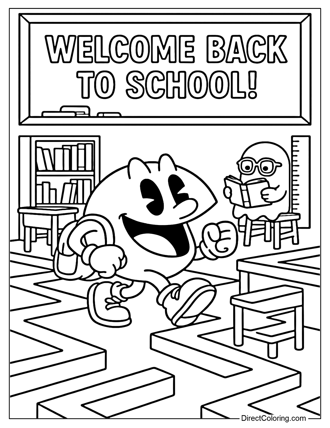 Coloring page of Pac-Man eager to go to school, the maze cells are tables and chairs, bookcases, rulers, ghosts wearing glasses are reading books, the background has a blackboard with the words Welcome Back to School!