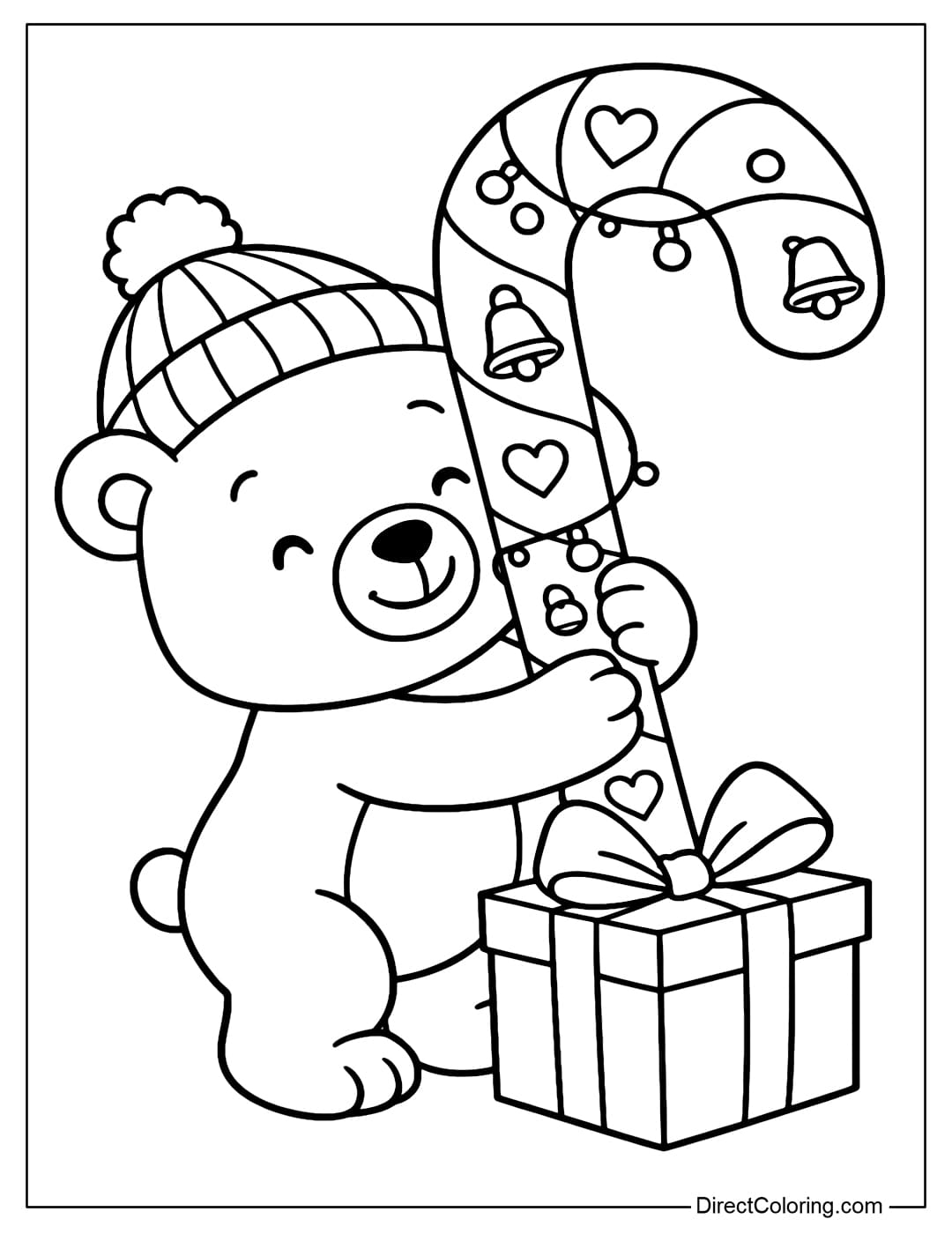 A little bear coloring page hugging a candy cane with hearts and small bells along the trunk, and a gift box at its feet.