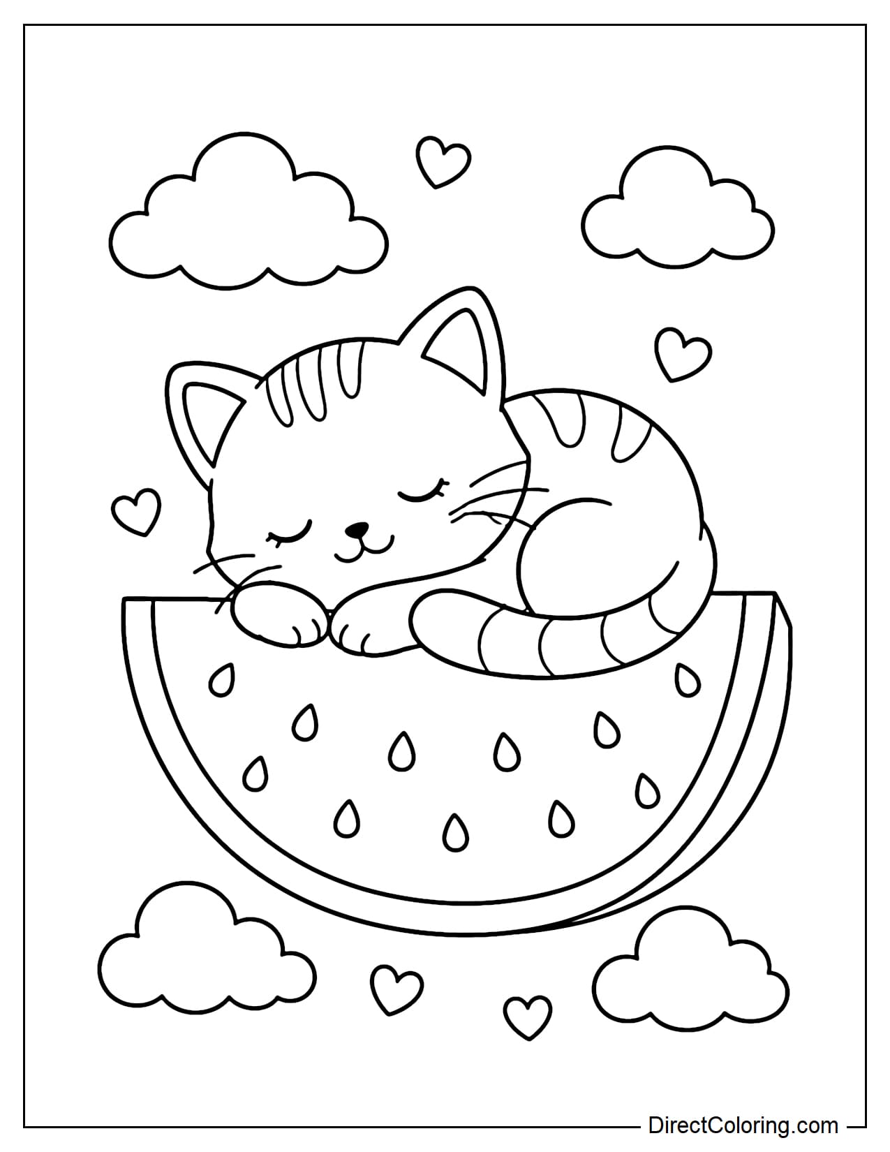 A kitten curled up sleeping on a large slice of watermelon, surrounded by clouds and small hearts.