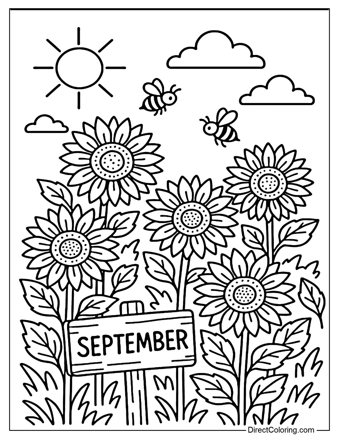 Coloring page of a sunflower field blooming in the gentle sunlight of early autumn, with bees flying and a September board.