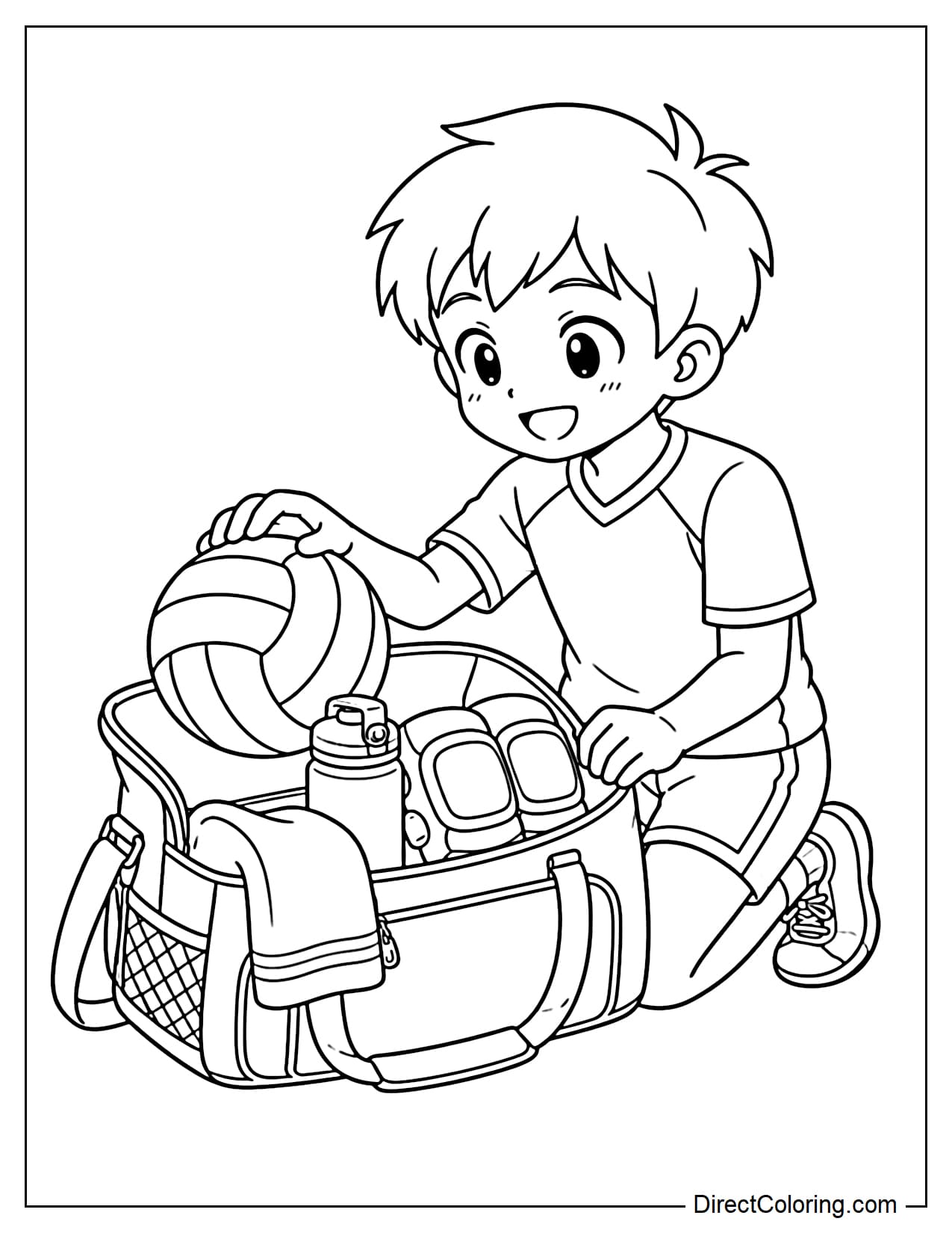A young boy is packing his volleyball sports bag, with a volleyball, water bottle, knee pads, and a small towel inside.