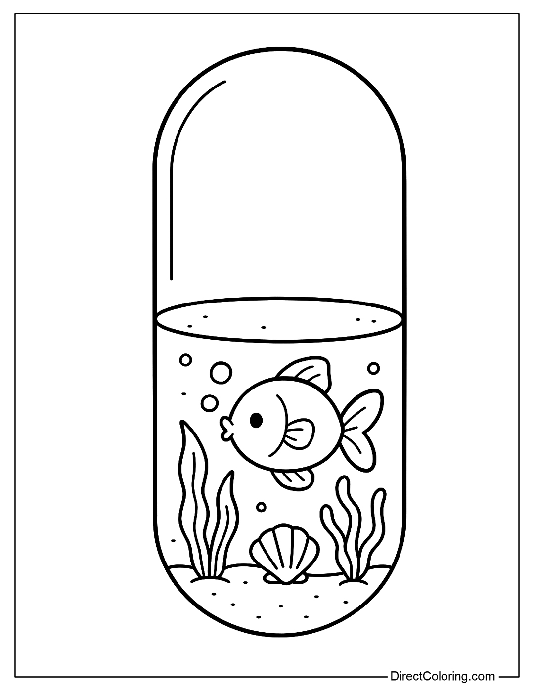 Coloring page of a transparent capsule filled with water inside, with a small goldfish blowing bubbles, surrounded by seaweed and seashells