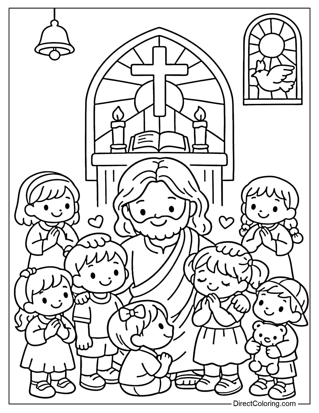 Coloring page of Jesus blessing children in a church.
