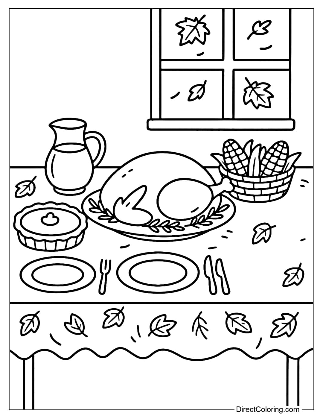 A coloring page of a Thanksgiving dinner table with a roast turkey in the middle, surrounded by pumpkin pie, corn and a few empty plates.